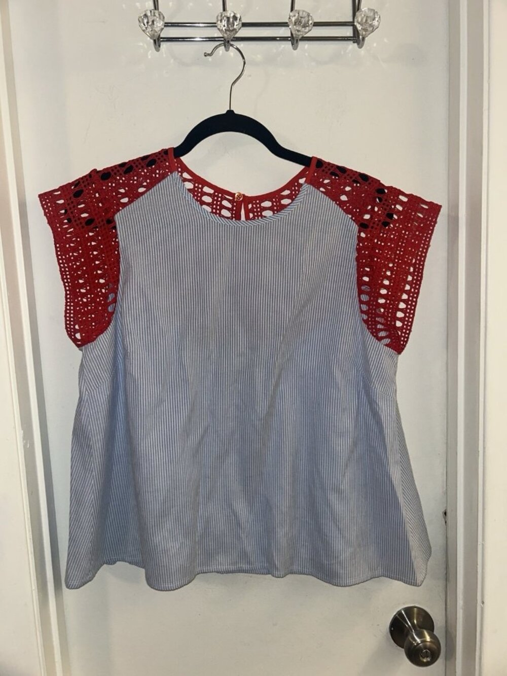 Anthropologie MAEVE Preppy Striped Poplin Crochet Blouse Top Size Medium - Picture 2 of 6